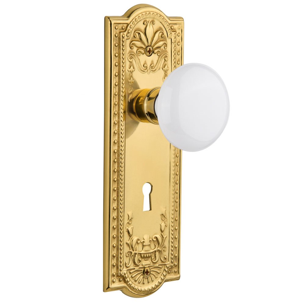 Nostalgic Warehouse Single Dummy Meadows Plate with Keyhole and White Porcelain Door Knob in Polished Brass