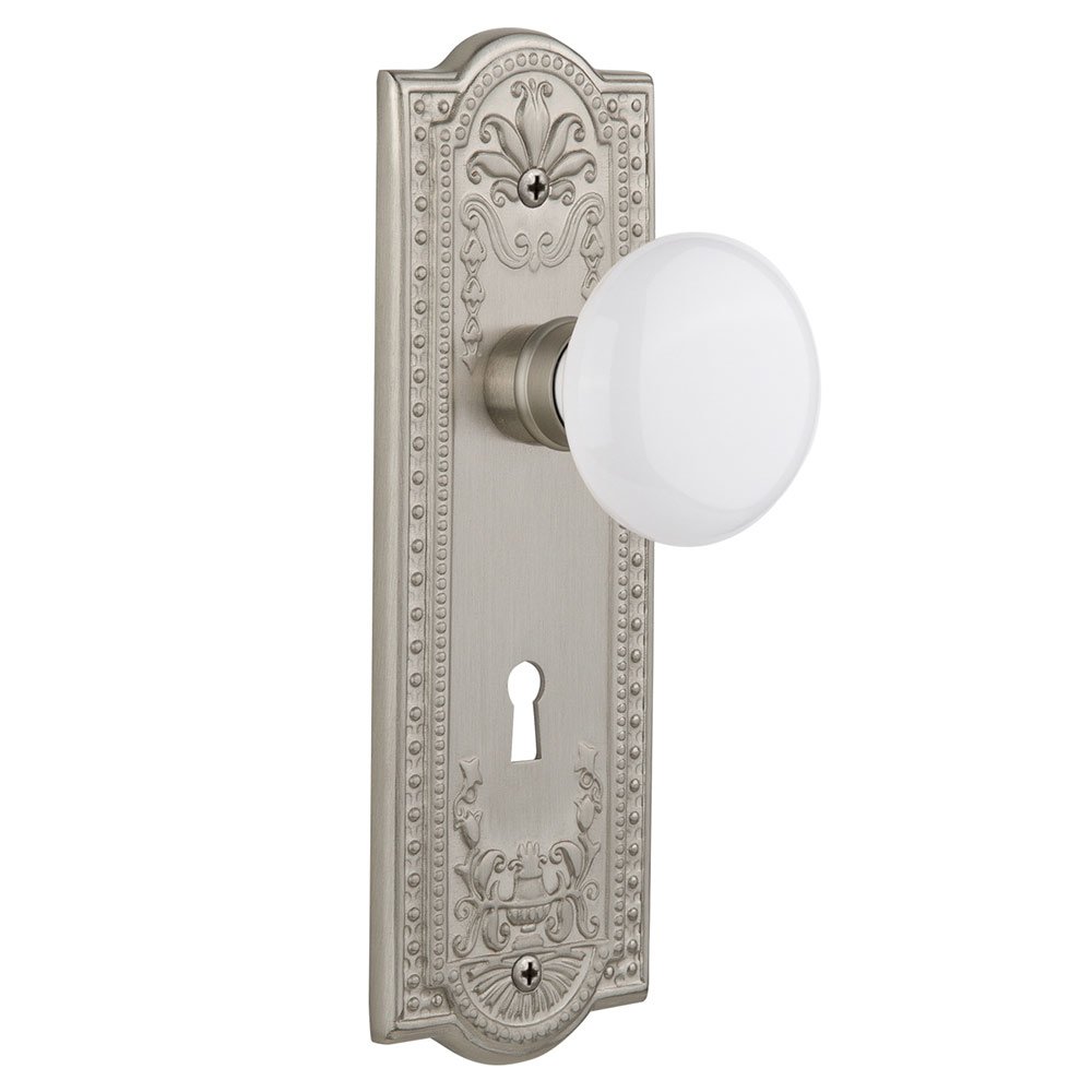 Nostalgic Warehouse Double Dummy Meadows Plate with Keyhole and White Porcelain Door Knob in Satin Nickel