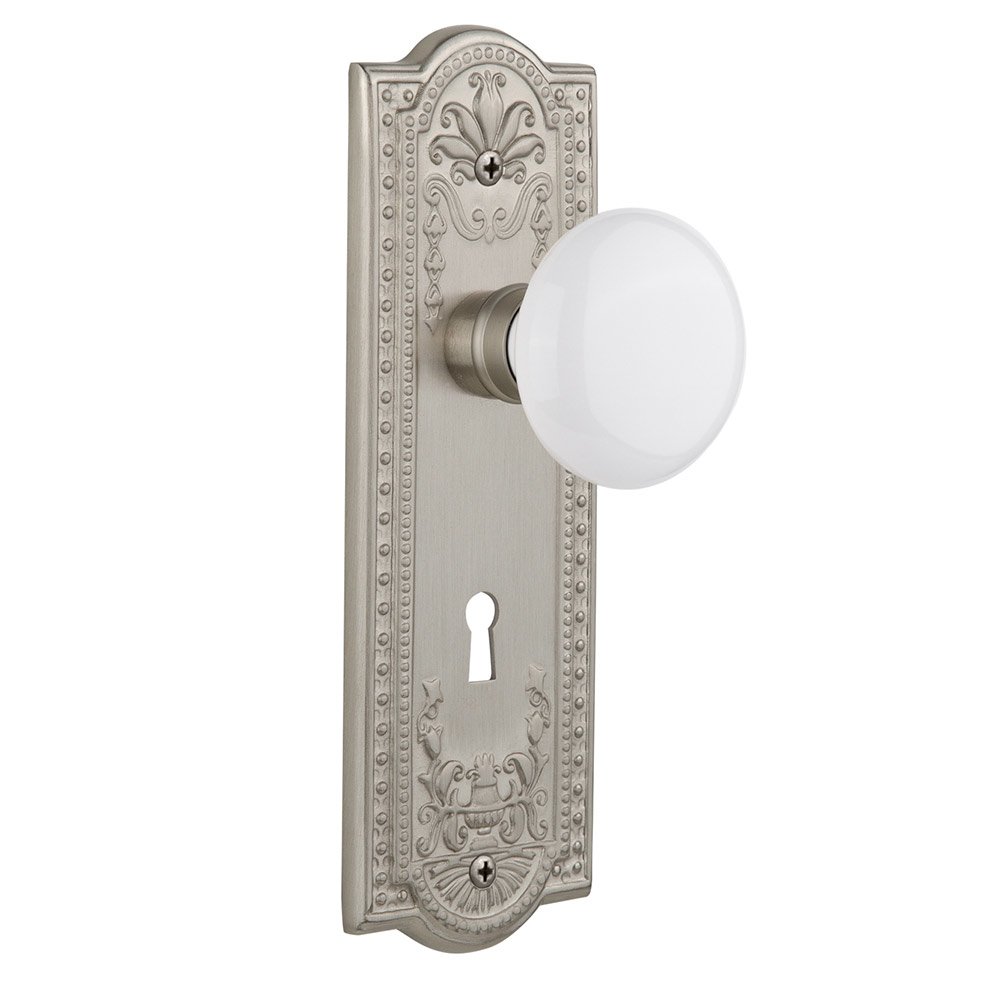 Nostalgic Warehouse Privacy Meadows Plate with Keyhole and White Porcelain Door Knob in Satin Nickel