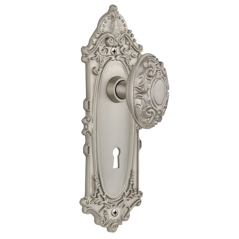 Nostalgic Warehouse Single Dummy Victorian Plate with Keyhole and Victorian Door Knob in Satin Nickel