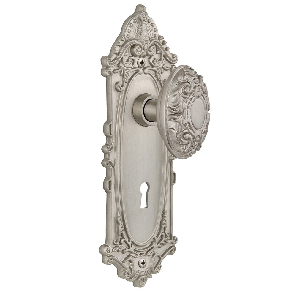 Nostalgic Warehouse Double Dummy Victorian Plate with Keyhole and Victorian Door Knob in Satin Nickel