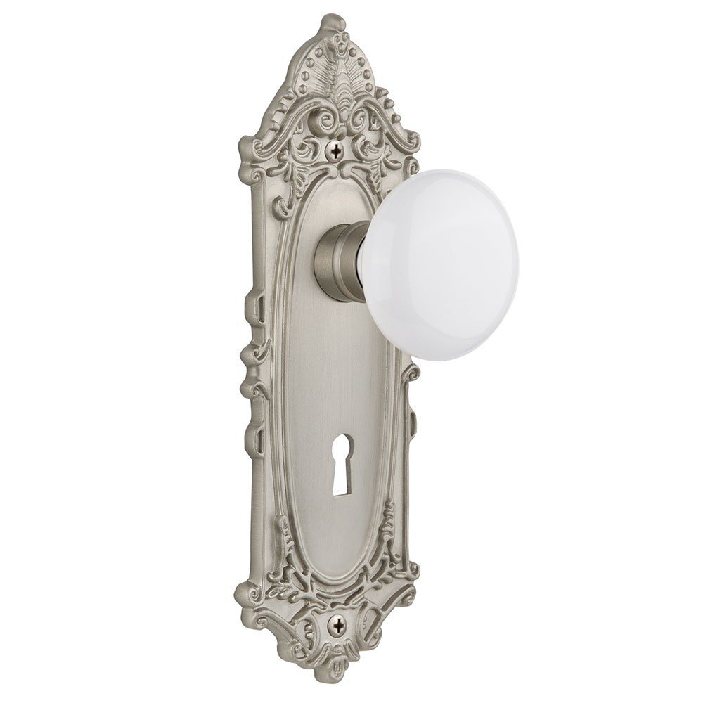 Nostalgic Warehouse Single Dummy Victorian Plate with Keyhole and White Porcelain Door Knob in Satin Nickel
