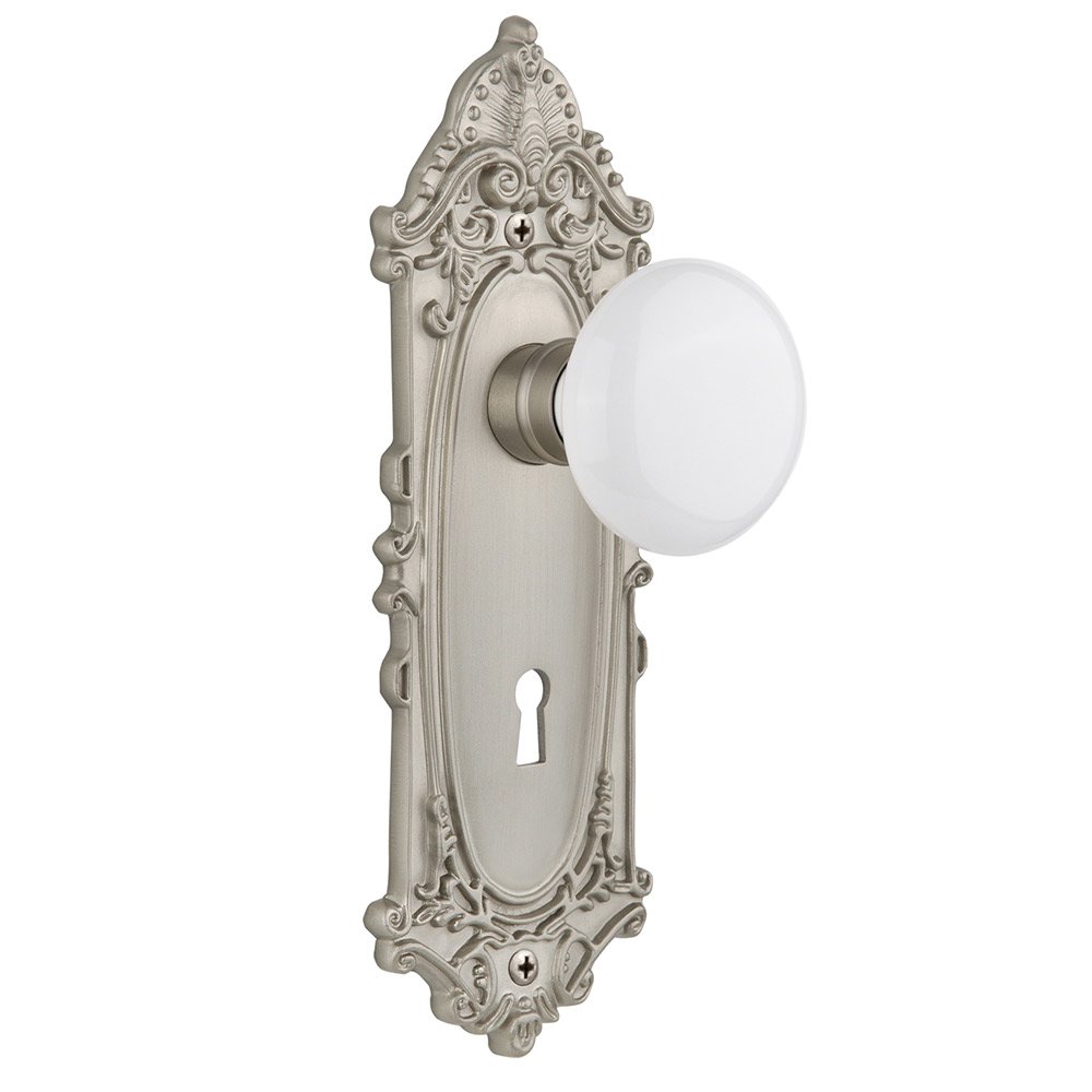 Nostalgic Warehouse Double Dummy Victorian Plate with Keyhole and White Porcelain Door Knob in Satin Nickel