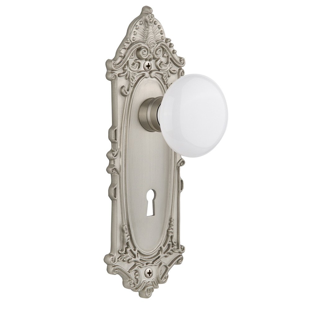 Nostalgic Warehouse Privacy Victorian Plate with Keyhole and White Porcelain Door Knob in Satin Nickel