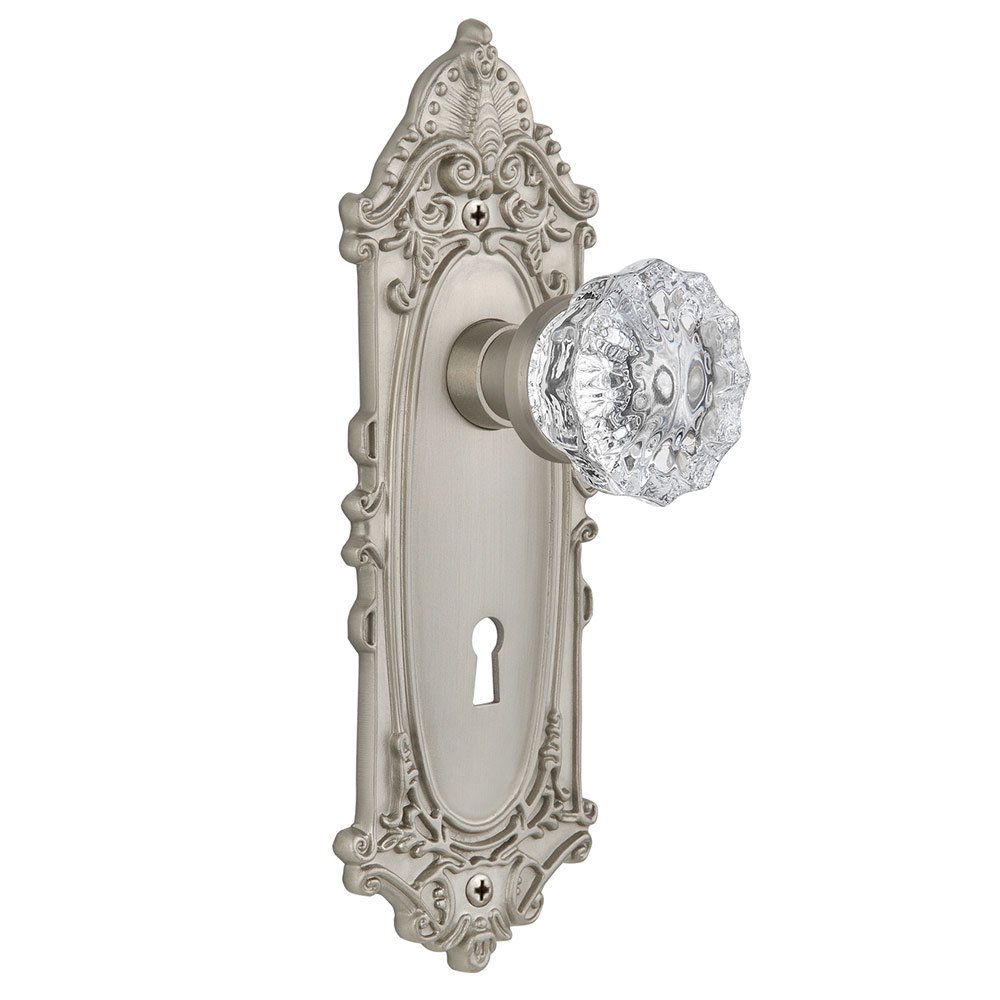 Nostalgic Warehouse Single Dummy Victorian Plate with Keyhole and Crystal Glass Door Knob in Satin Nickel