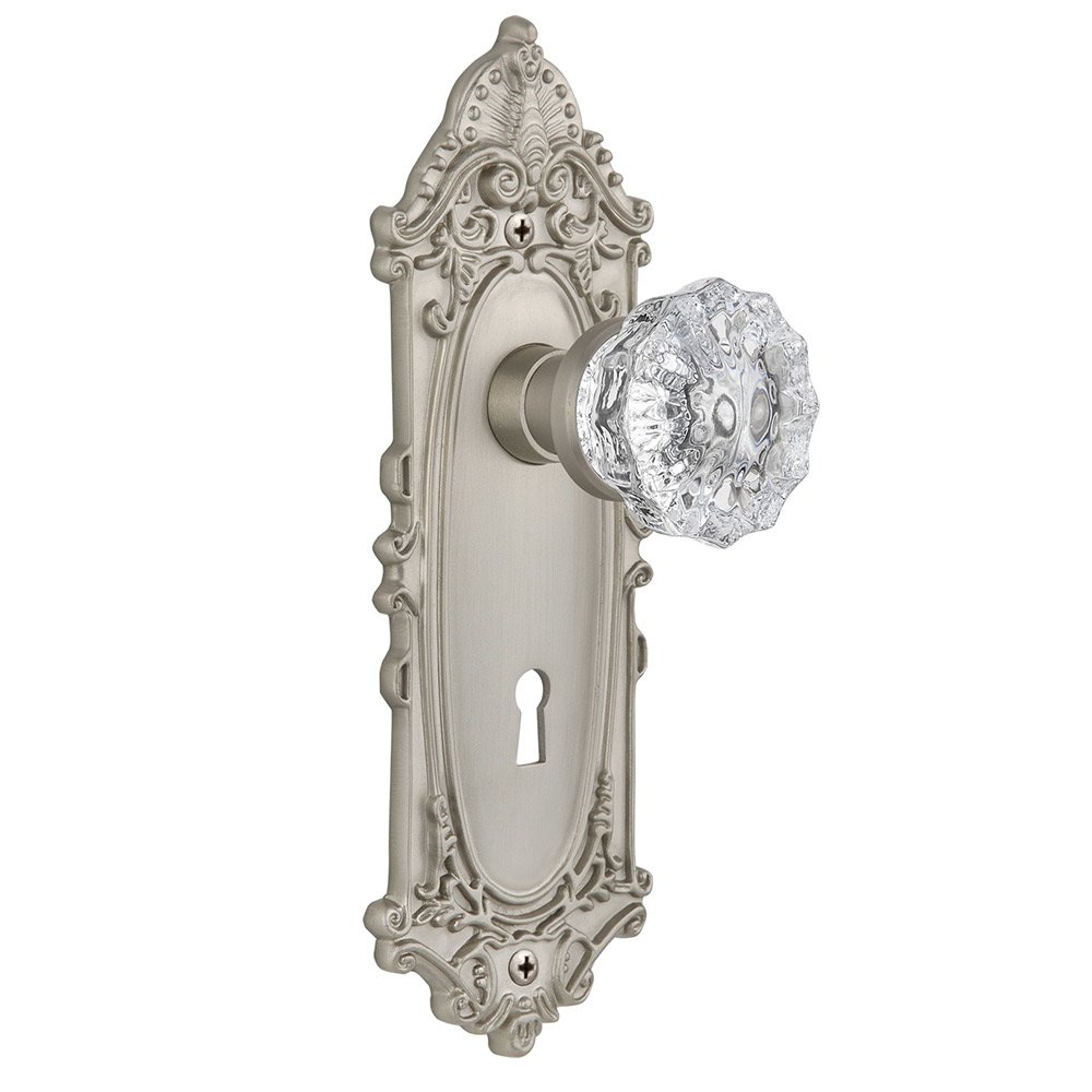 Nostalgic Warehouse Double Dummy Victorian Plate with Keyhole and Crystal Glass Door Knob in Satin Nickel