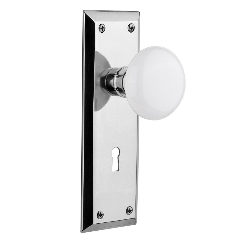 Nostalgic Warehouse Privacy New York Plate with Keyhole and White Porcelain Door Knob in Bright Chrome