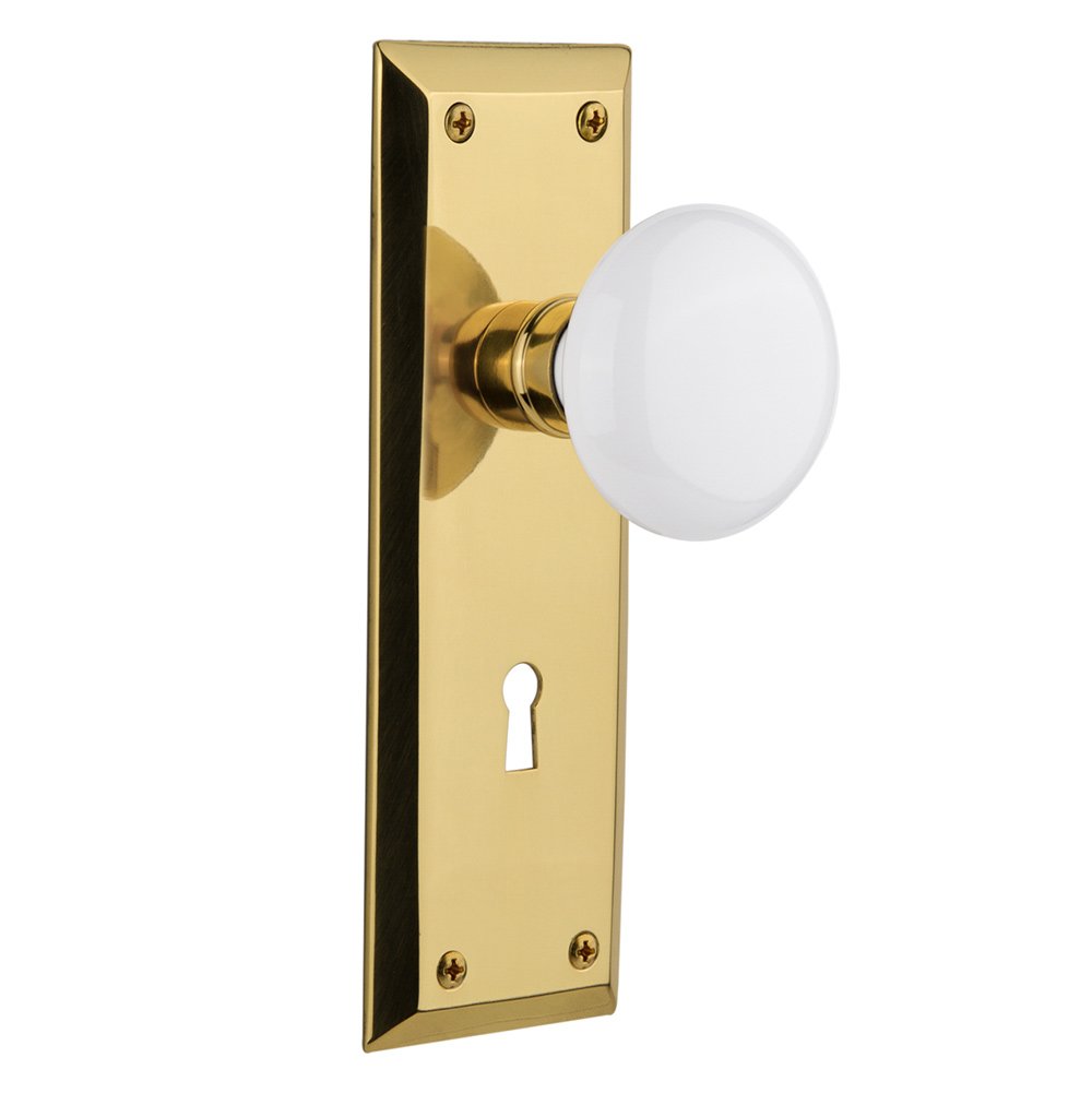Nostalgic Warehouse Passage New York Plate with Keyhole and White Porcelain Door Knob in Polished Brass