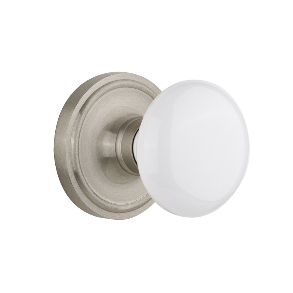 Nostalgic Warehouse Privacy Classic Rosette with White Porcelain Door Knob in Satin Nickel