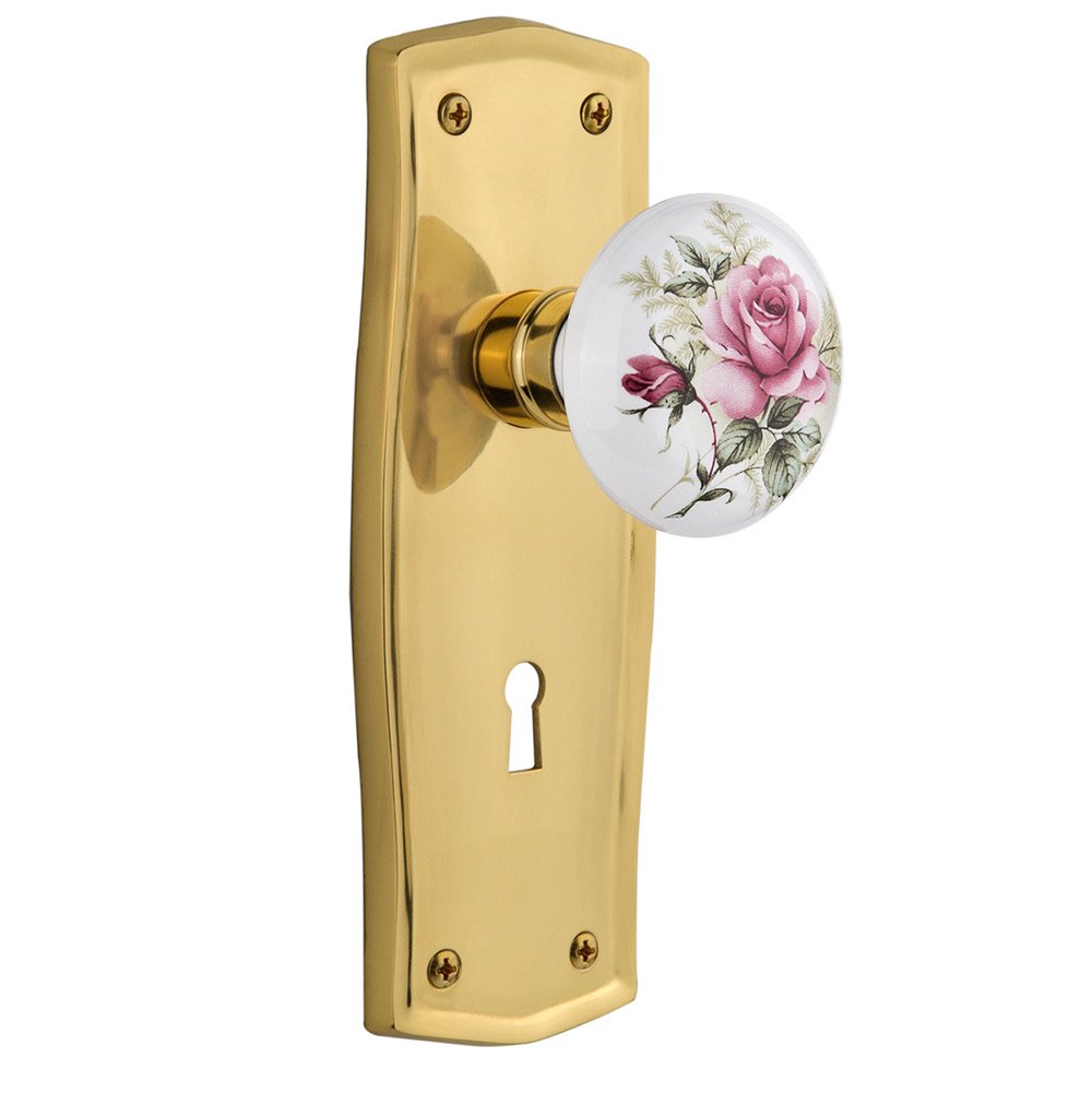 Nostalgic Warehouse Double Dummy Prairie Plate with Keyhole and White Rose Porcelain Door Knob in Unlacquered Brass