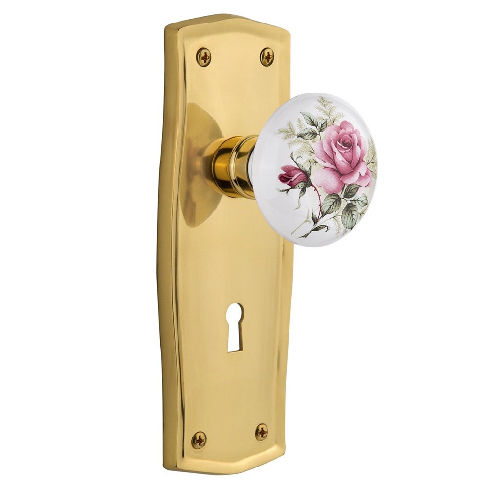 Nostalgic Warehouse Privacy Prairie Plate with Keyhole and White Rose Porcelain Door Knob in Unlacquered Brass