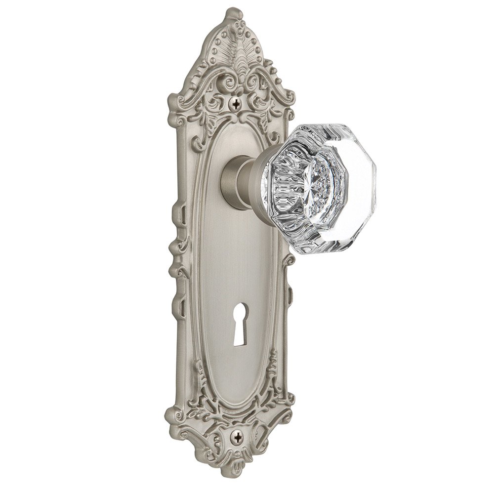 Nostalgic Warehouse Double Dummy Victorian Plate with Keyhole and Waldorf Door Knob in Satin Nickel