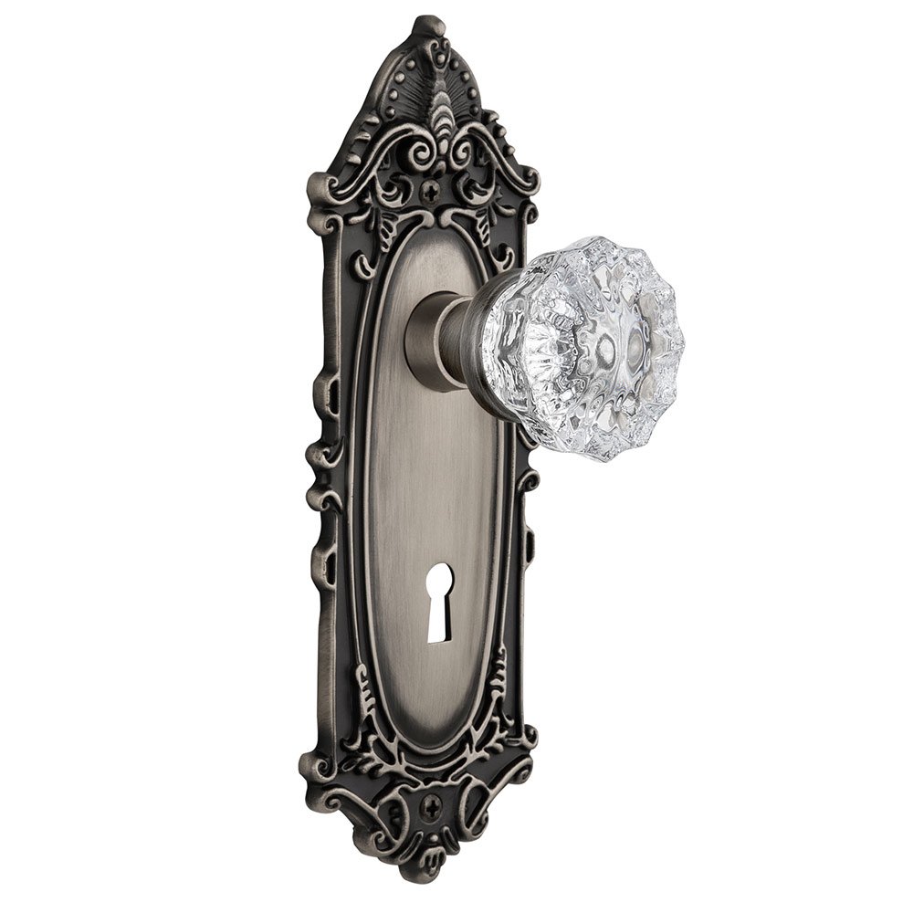 Nostalgic Warehouse Single Dummy Victorian Plate with Keyhole and Crystal Glass Door Knob in Antique Pewter