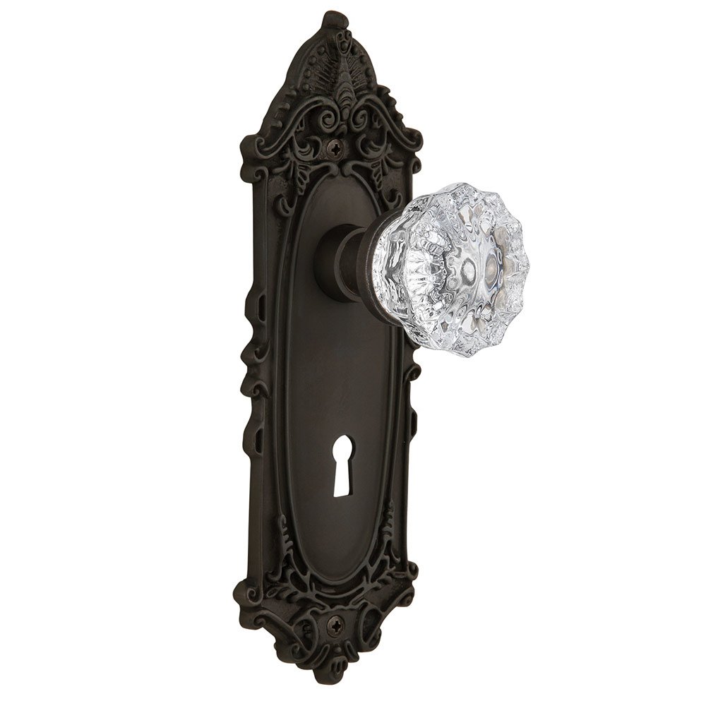 Nostalgic Warehouse Single Dummy Victorian Plate with Keyhole and Crystal Glass Door Knob in Oil-Rubbed Bronze