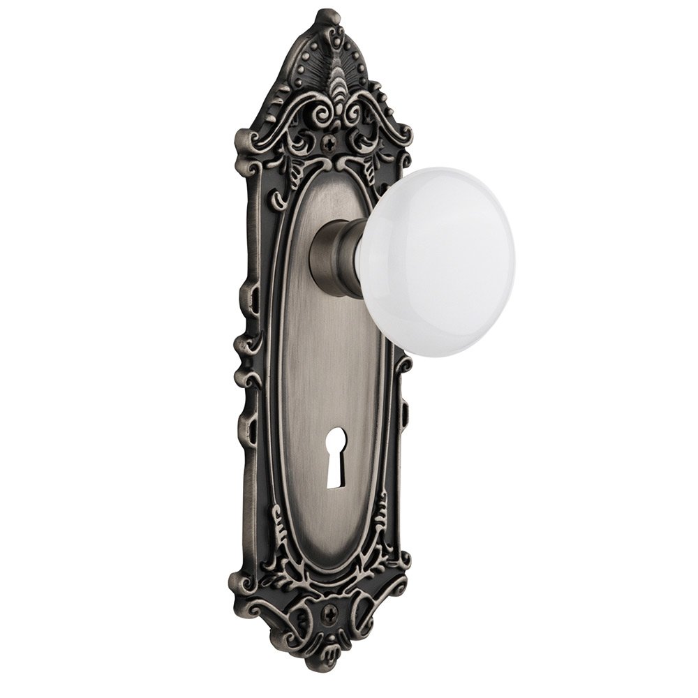 Nostalgic Warehouse Double Dummy Victorian Plate with Keyhole and White Porcelain Door Knob in Antique Pewter