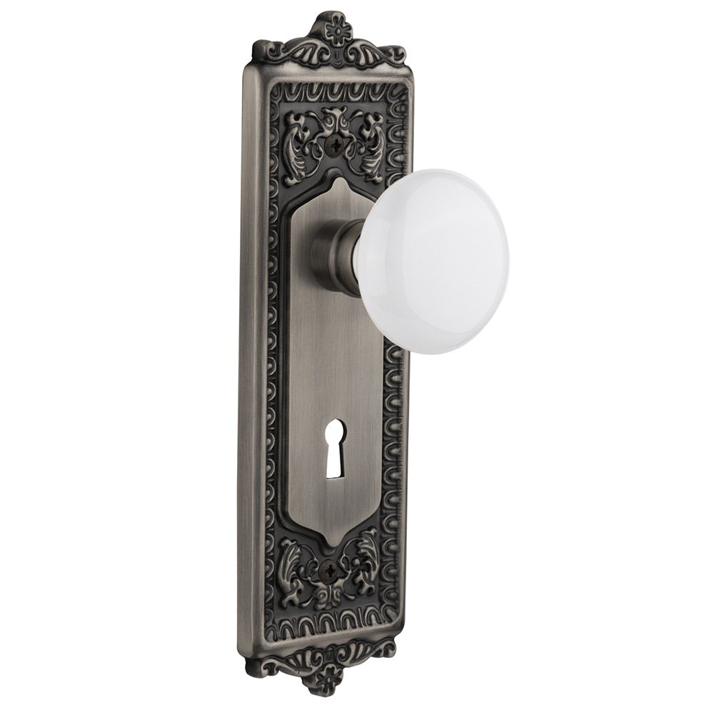 Nostalgic Warehouse Double Dummy Egg & Dart Plate with Keyhole and White Porcelain Door Knob in Antique Pewter