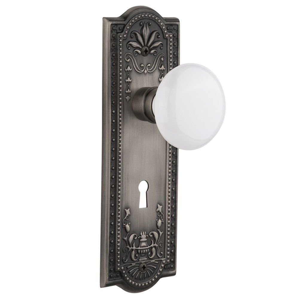 Nostalgic Warehouse Single Dummy Meadows Plate with Keyhole and White Porcelain Door Knob in Antique Pewter