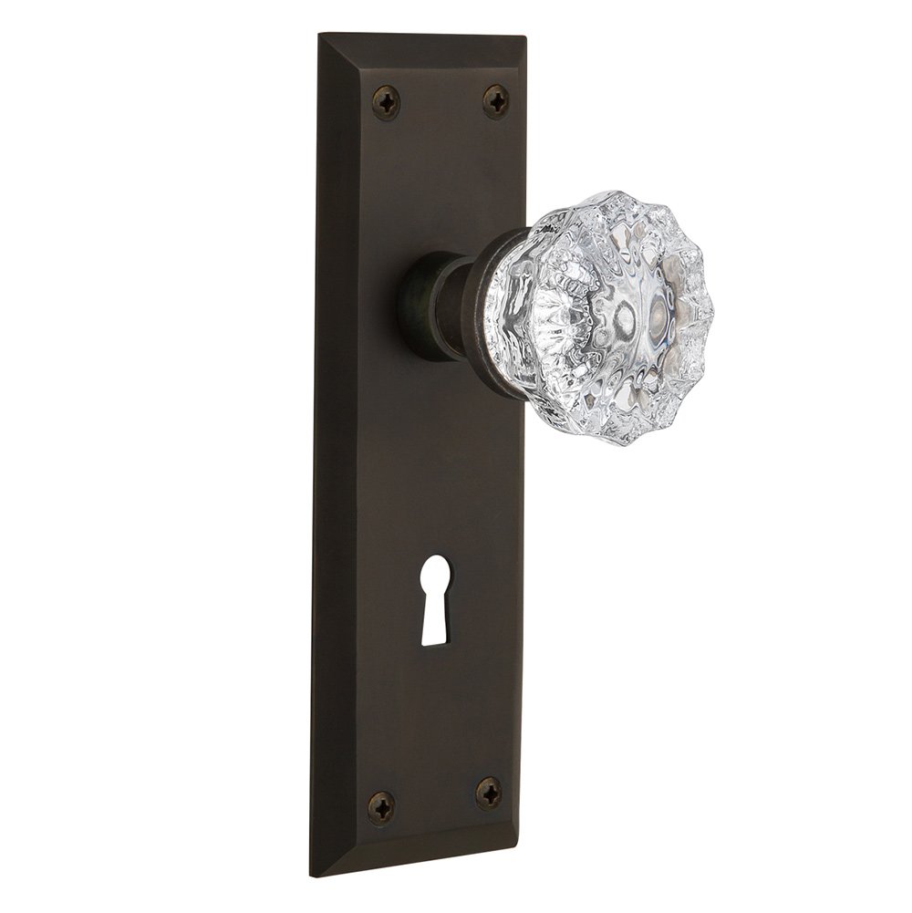 Nostalgic Warehouse Passage New York Plate with Keyhole and Crystal Glass Door Knob in Oil-Rubbed Bronze