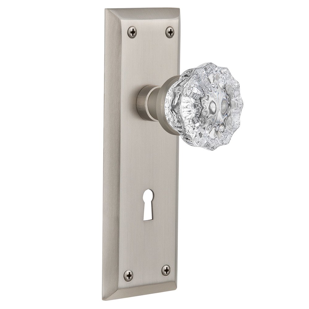 Nostalgic Warehouse Double Dummy New York Plate with Keyhole and Crystal Glass Door Knob in Satin Nickel