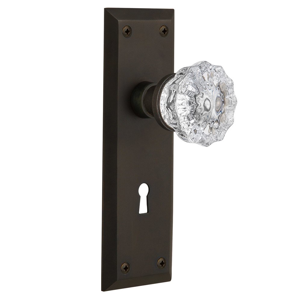 Nostalgic Warehouse Double Dummy New York Plate with Keyhole and Crystal Glass Door Knob in Oil-Rubbed Bronze