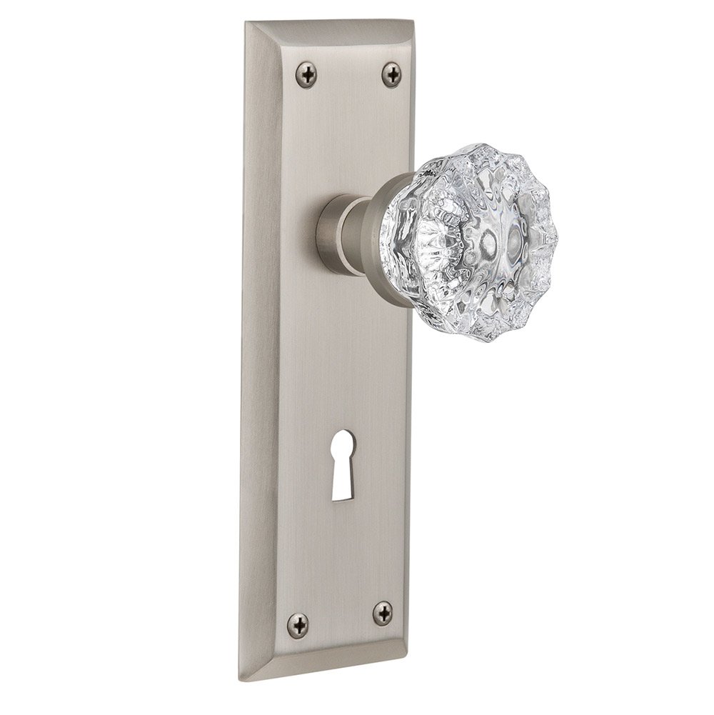 Nostalgic Warehouse Single Dummy New York Plate with Keyhole and Crystal Glass Door Knob in Satin Nickel
