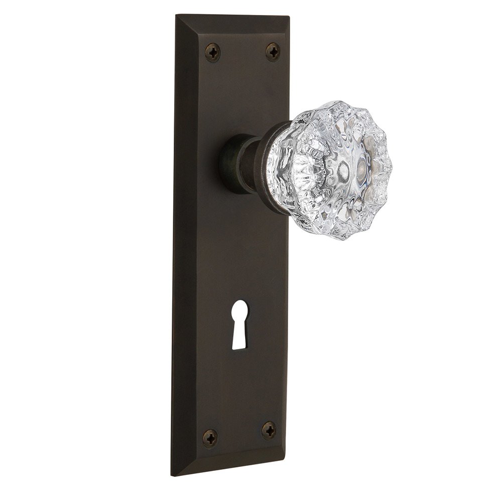 Nostalgic Warehouse Single Dummy New York Plate with Keyhole and Crystal Glass Door Knob in Oil-Rubbed Bronze
