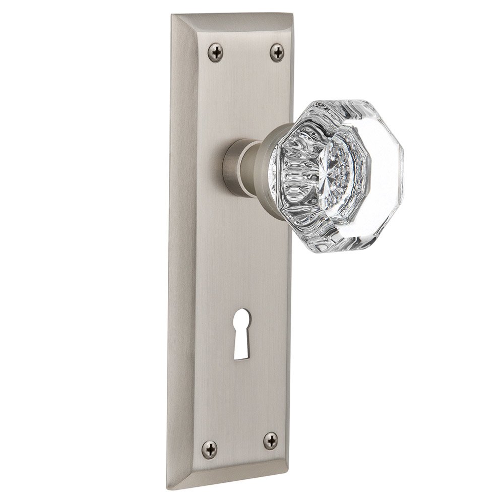 Nostalgic Warehouse Double Dummy New York Plate with Keyhole and Waldorf Door Knob in Satin Nickel