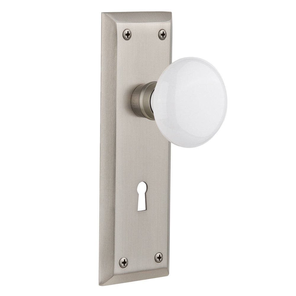 Nostalgic Warehouse Privacy New York Plate with Keyhole and White Porcelain Door Knob in Satin Nickel