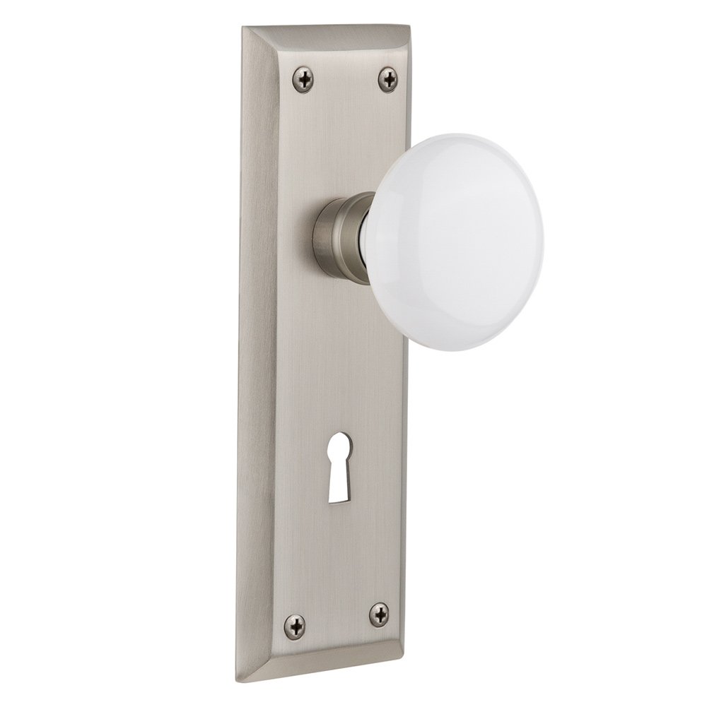 Nostalgic Warehouse Passage New York Plate with Keyhole and White Porcelain Door Knob in Satin Nickel