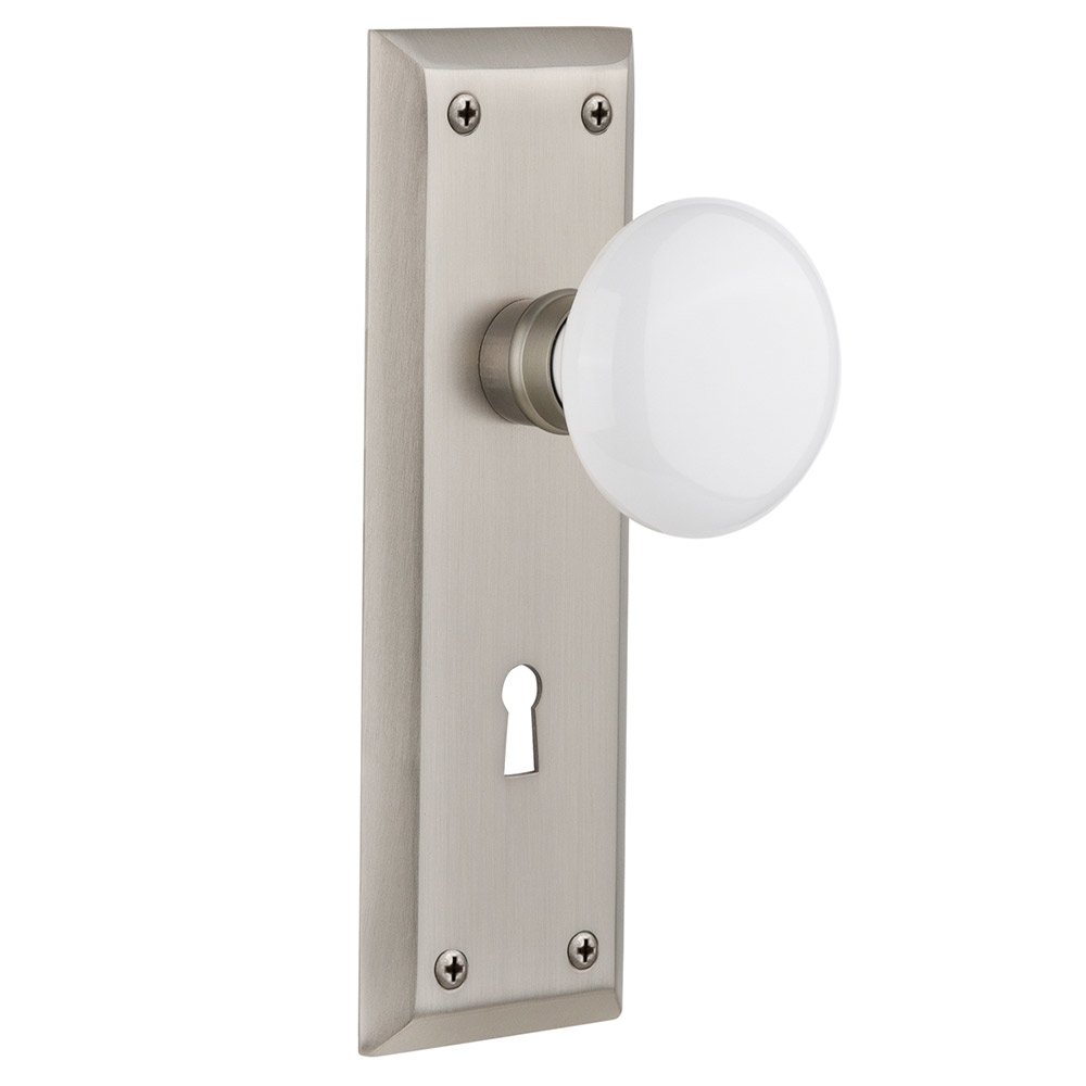 Nostalgic Warehouse Double Dummy New York Plate with Keyhole and White Porcelain Door Knob in Satin Nickel