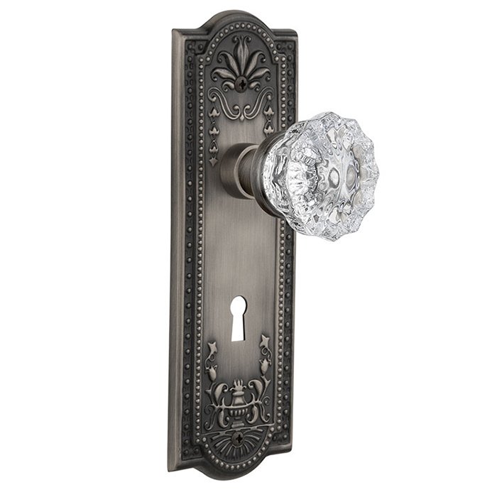 Nostalgic Warehouse Interior Mortise Meadows Plate Crystal Glass Door Knob in Antique Pewter