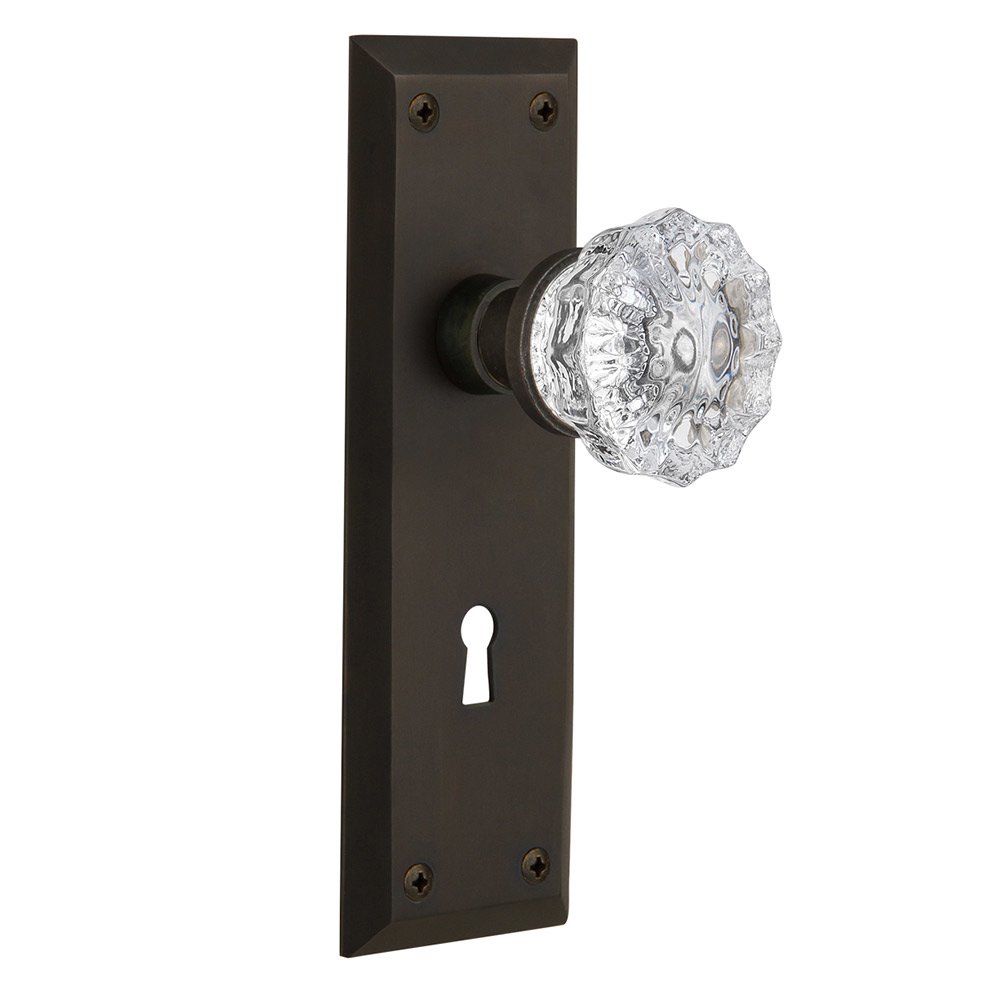 Nostalgic Warehouse Interior Mortise New York Plate Crystal Glass Door Knob in Oil-Rubbed Bronze