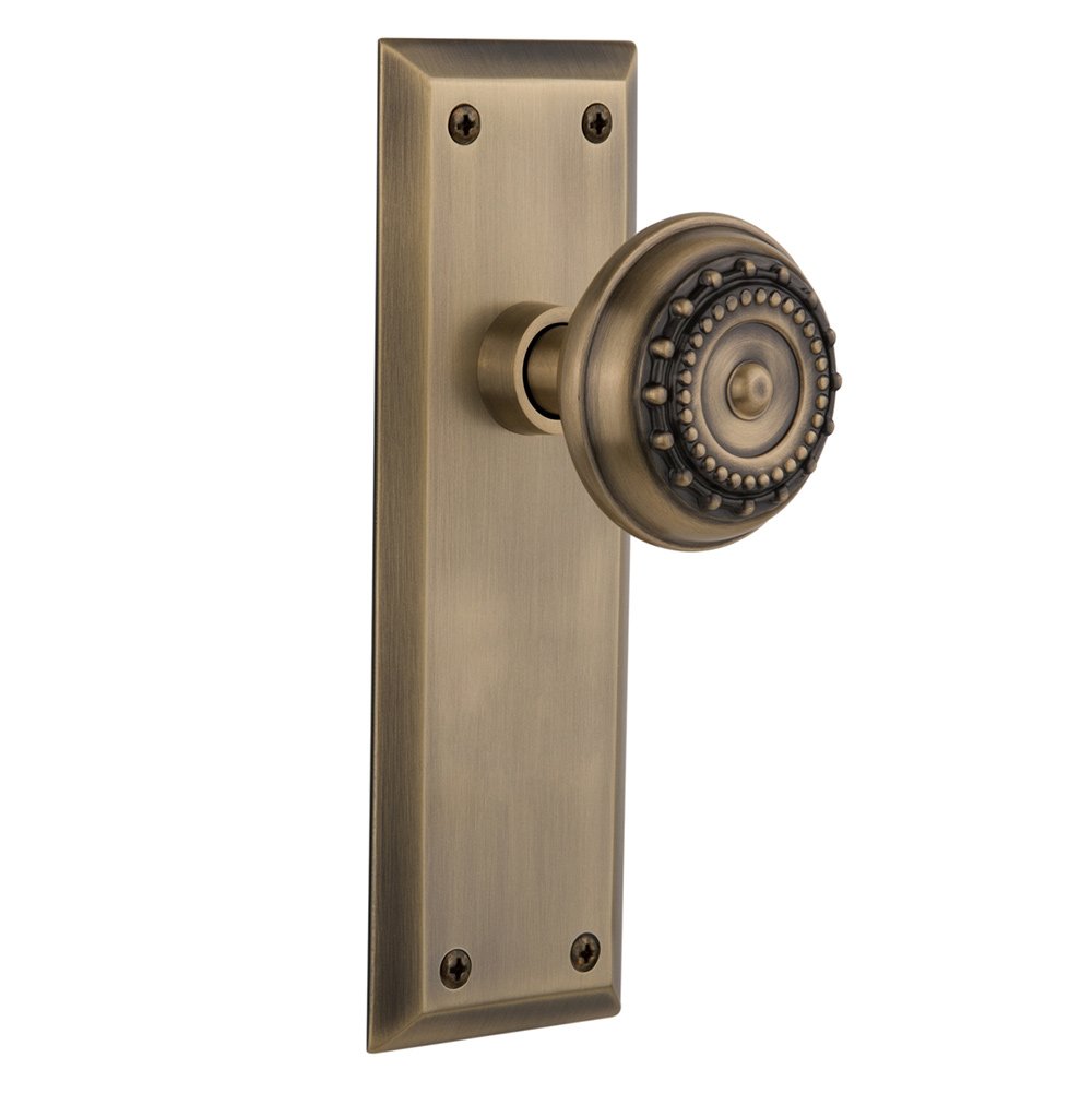 Nostalgic Warehouse Passage New York Plate with Meadows Door Knob in Antique Brass