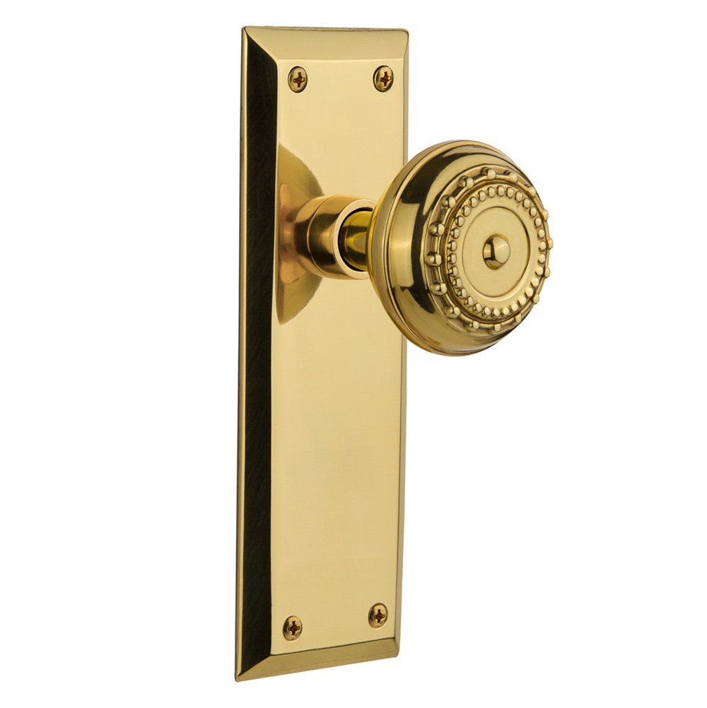 Nostalgic Warehouse Passage New York Plate with Meadows Door Knob in Polished Brass