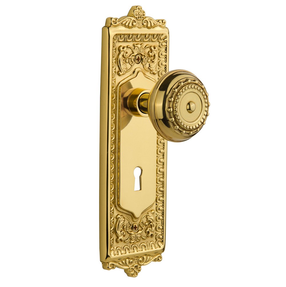 Nostalgic Warehouse Passage Egg & Dart Plate with Keyhole and Meadows Door Knob in Polished Brass