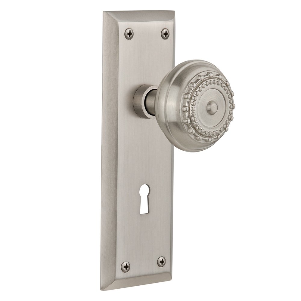 Nostalgic Warehouse Passage New York Plate with Keyhole and Meadows Door Knob in Satin Nickel