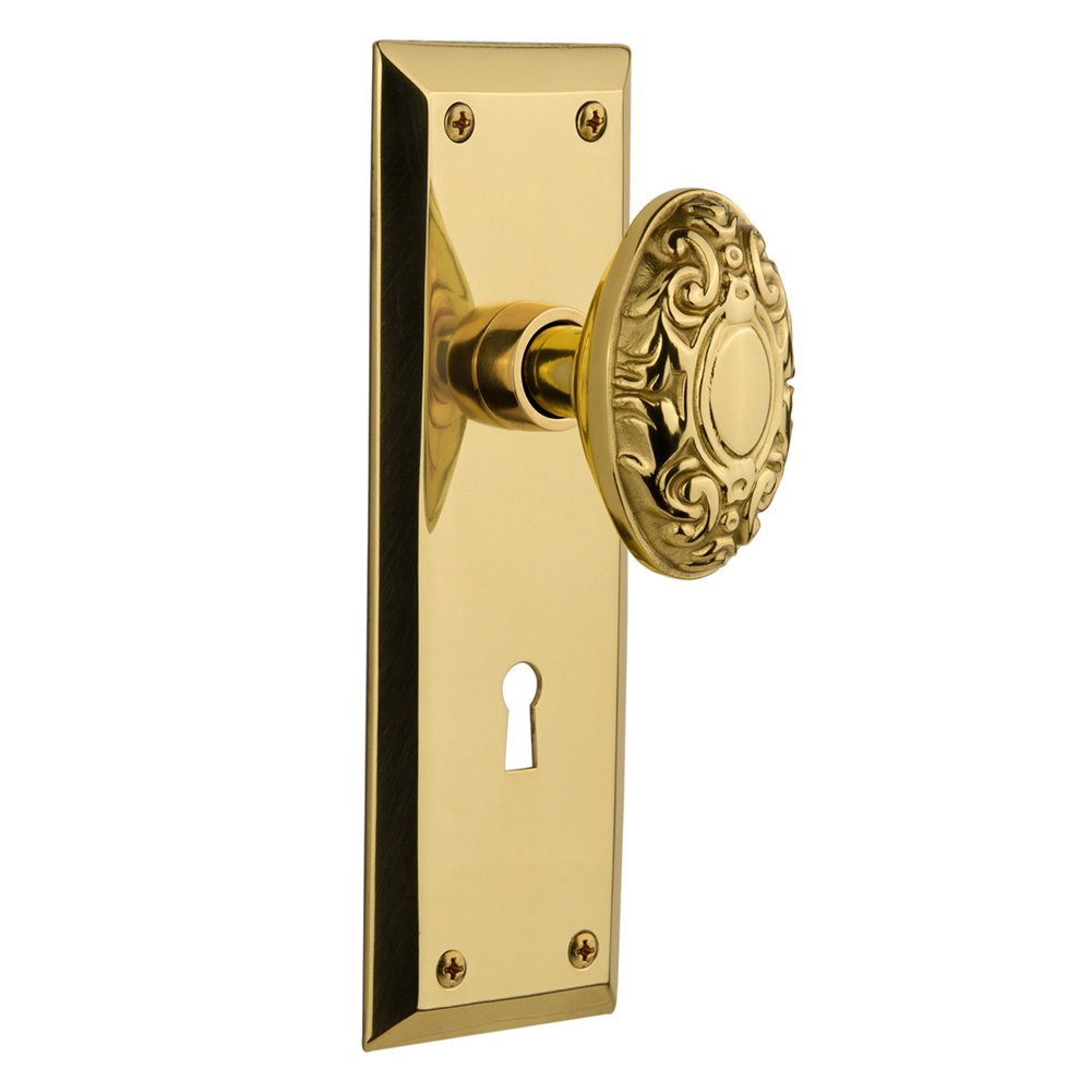 Nostalgic Warehouse Passage New York Plate with Keyhole and Victorian Door Knob in Polished Brass