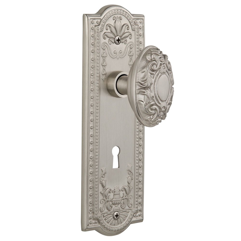 Nostalgic Warehouse Single Dummy Meadows Plate with Keyhole and Victorian Door Knob in Satin Nickel