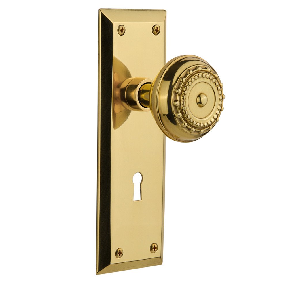 Nostalgic Warehouse Single Dummy New York Plate with Keyhole and Meadows Door Knob in Polished Brass