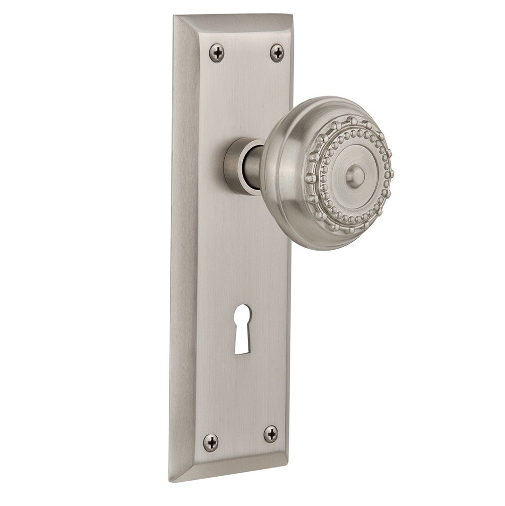Nostalgic Warehouse Single Dummy New York Plate with Keyhole and Meadows Door Knob in Satin Nickel