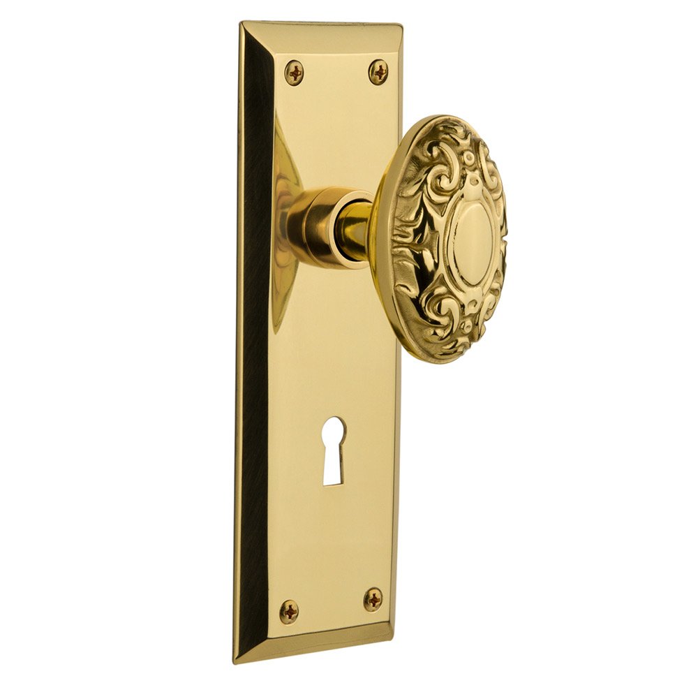 Nostalgic Warehouse Single Dummy New York Plate with Keyhole and Victorian Door Knob in Polished Brass