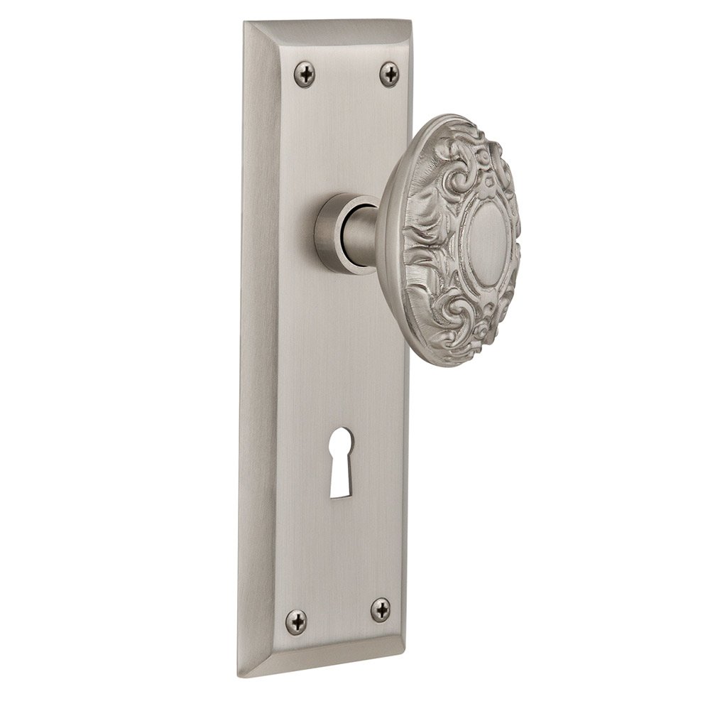 Nostalgic Warehouse Single Dummy New York Plate with Keyhole and Victorian Door Knob in Satin Nickel