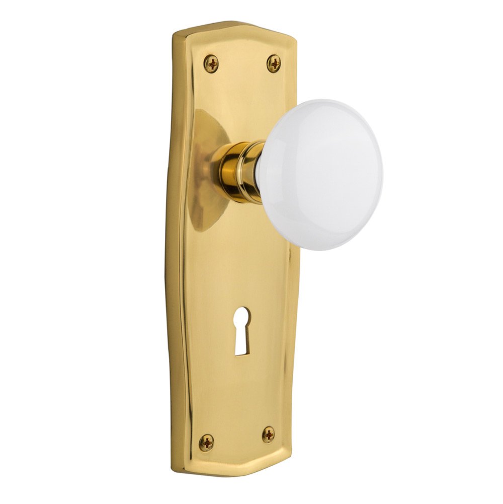 Nostalgic Warehouse Passage Prairie Plate with Keyhole and White Porcelain Door Knob in Unlacquered Brass