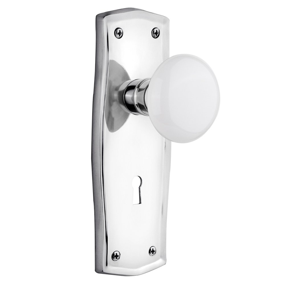 Nostalgic Warehouse Privacy Prairie Plate with Keyhole and White Porcelain Door Knob in Bright Chrome