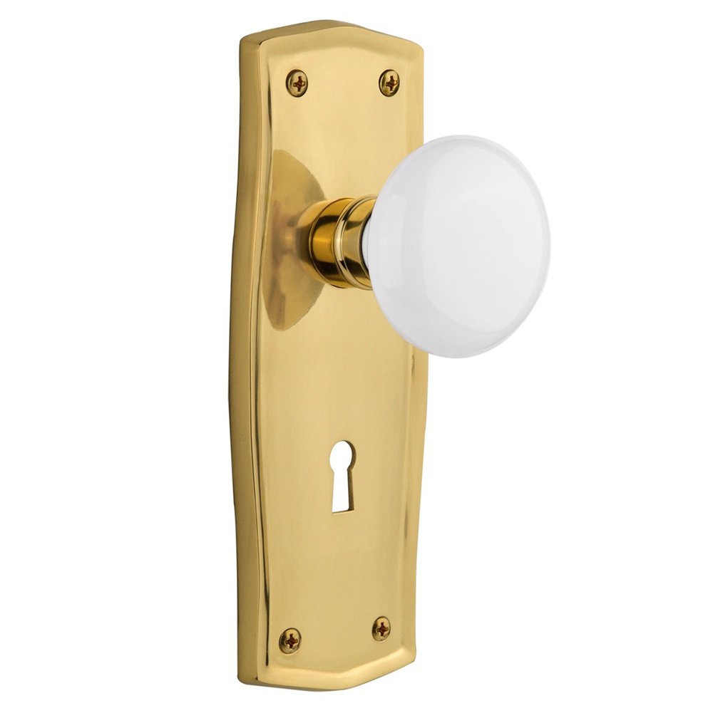 Nostalgic Warehouse Privacy Prairie Plate with Keyhole and White Porcelain Door Knob in Unlacquered Brass