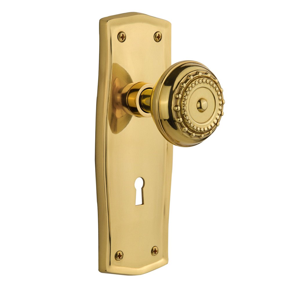 Nostalgic Warehouse Passage Prairie Plate with Keyhole and Meadows Door Knob in Polished Brass