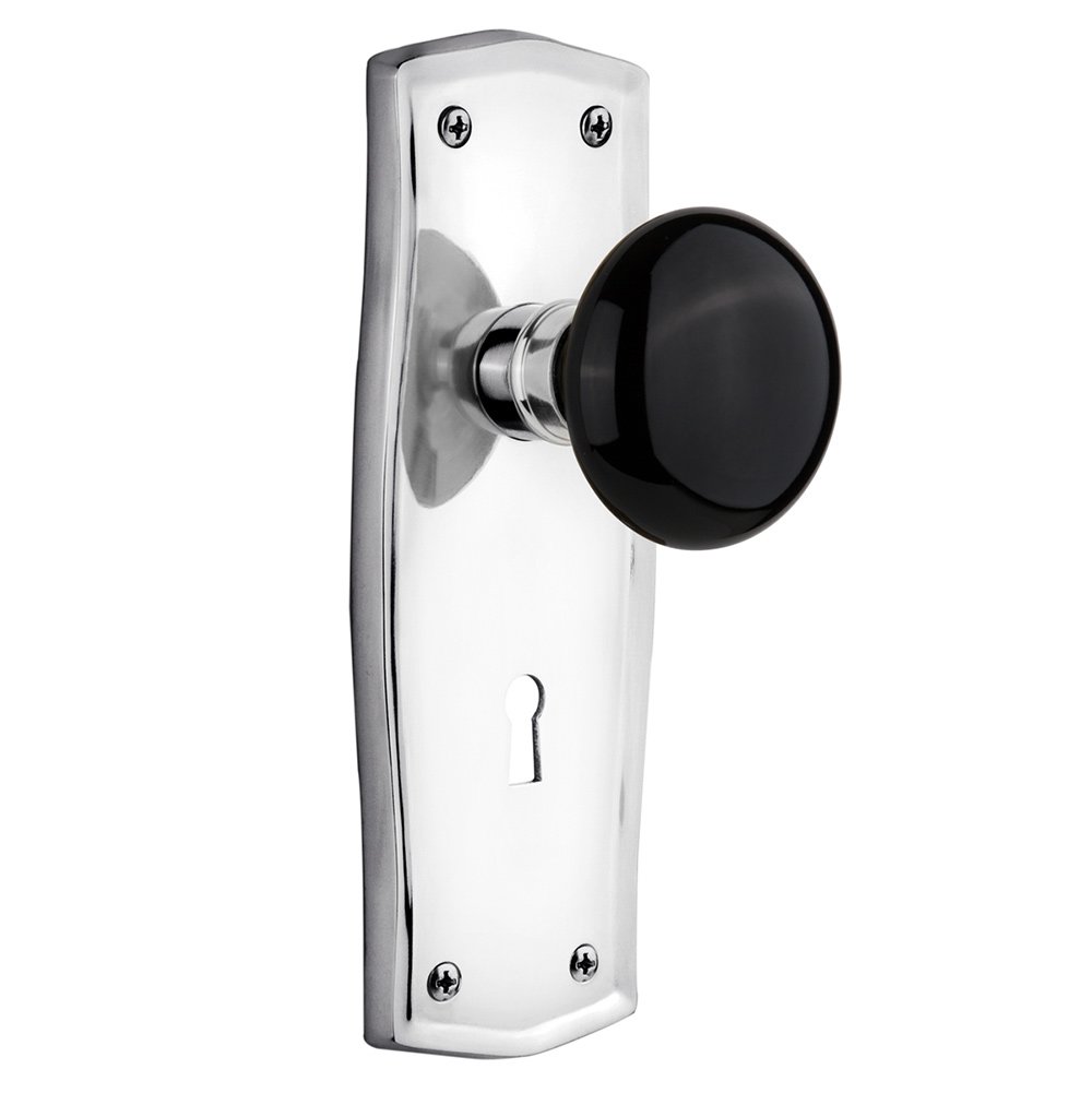 Nostalgic Warehouse Privacy Prairie Plate with Keyhole and Black Porcelain Door Knob in Bright Chrome