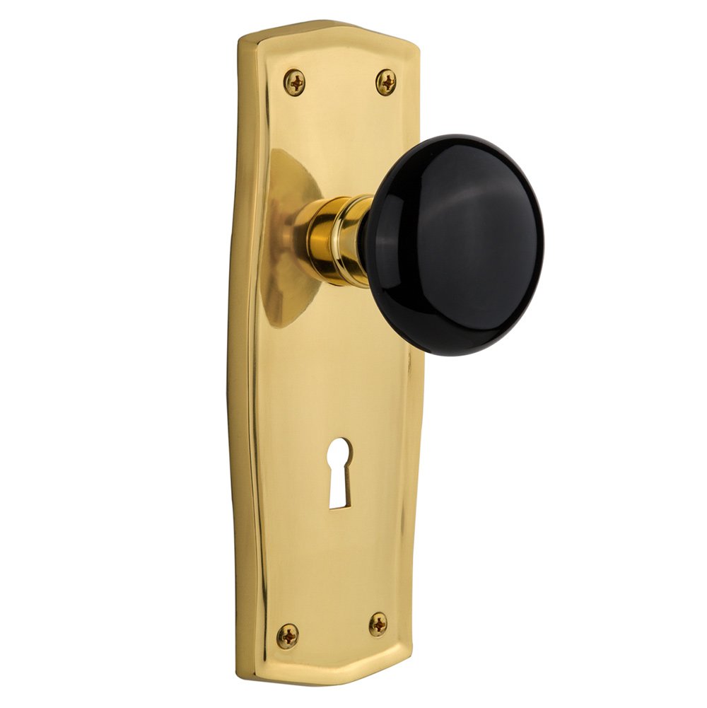 Nostalgic Warehouse Privacy Prairie Plate with Keyhole and Black Porcelain Door Knob in Unlacquered Brass