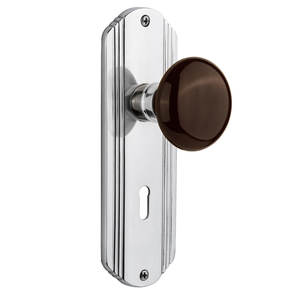 Nostalgic Warehouse Privacy Prairie Plate with Keyhole and Brown Porcelain Door Knob in Bright Chrome