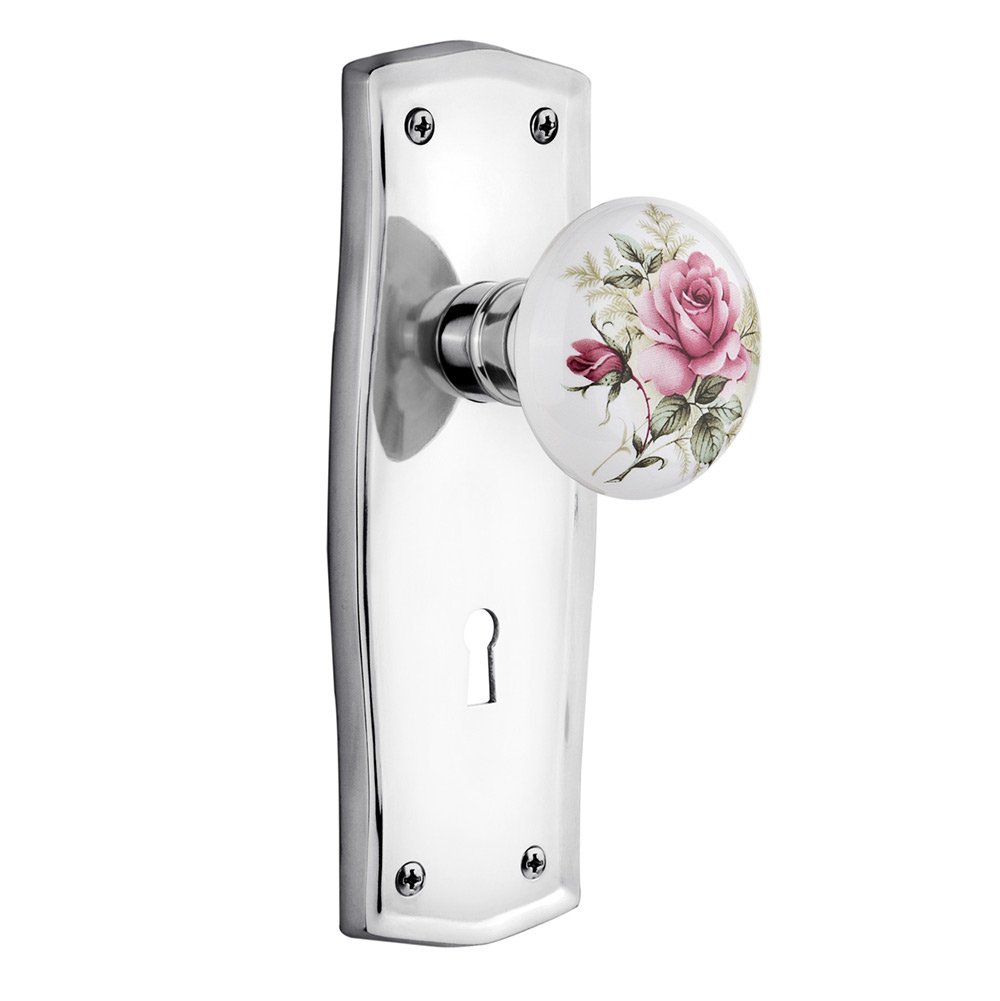 Nostalgic Warehouse Passage Prairie Plate with Keyhole and White Rose Porcelain Door Knob in Bright Chrome